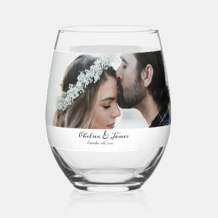 Elegant Calligraphy Photo Wedding Party  Stemless Wine Glass