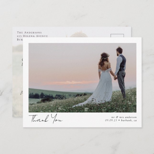 Elegant Calligraphy Photo Wedding Thank You Postcard (Front/Back)
