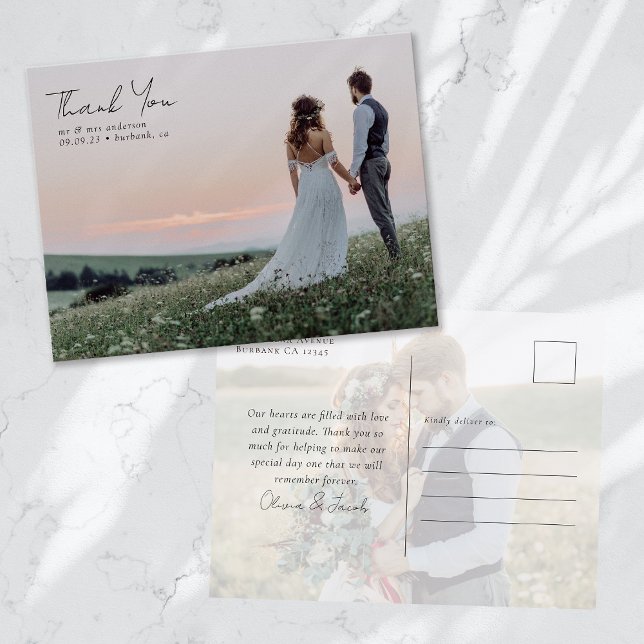 Elegant Calligraphy Photo Wedding Thank You Postcard (Creator Uploaded)