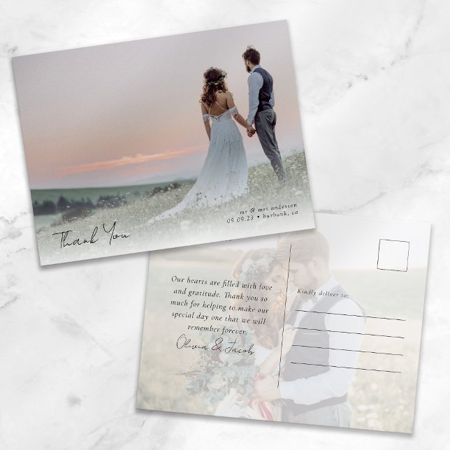 Elegant Calligraphy Photo Wedding Thank You Postcard (Creator Uploaded)