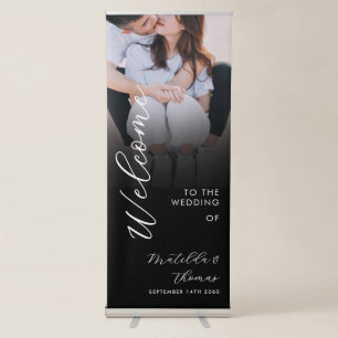Elegant Calligraphy Photo Wedding Welcome Black Retractable Banner