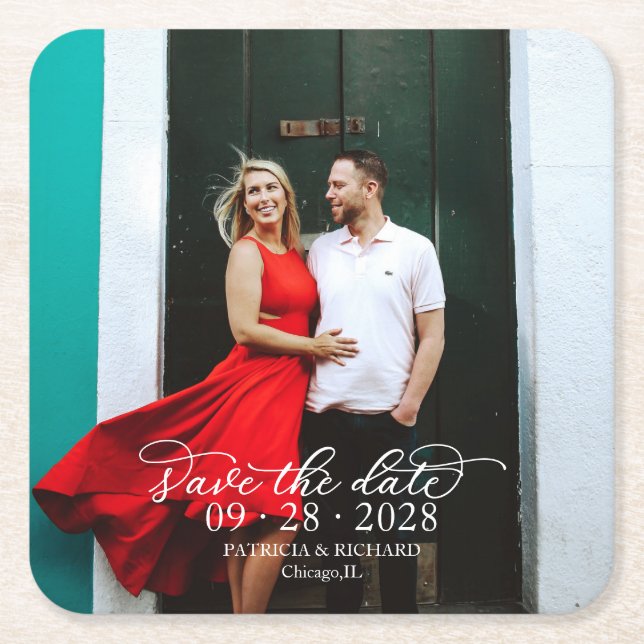 Elegant Calligraphy Photo White Text Save the Date Square Paper Coaster (Front)