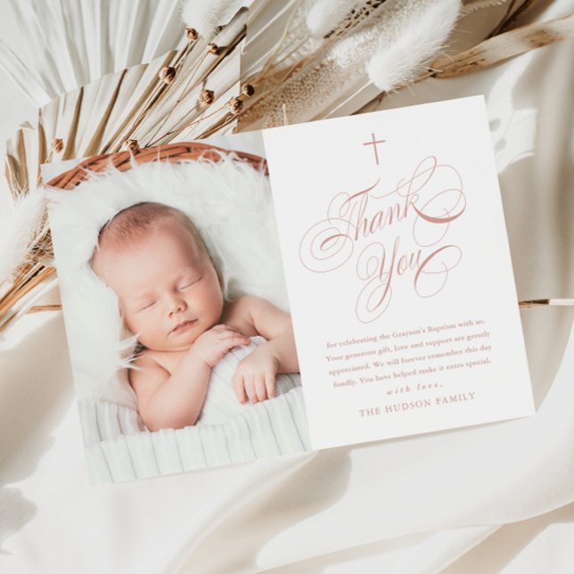 Elegant Calligraphy Pink Girls Photo Baptism Thank You Card (Elegant calligraphy baby girls photo baptism thank you card.)