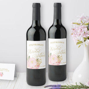 Elegant Calligraphy Pink Gold Floral Bridal Shower Wine Label