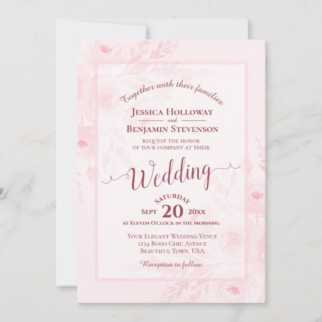 Elegant Calligraphy Pink Peonies QR Code Wedding Invitation (Front)