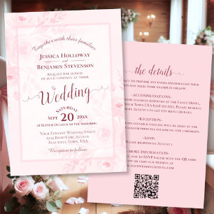 Elegant Calligraphy Pink Peonies QR Code Wedding Invitation