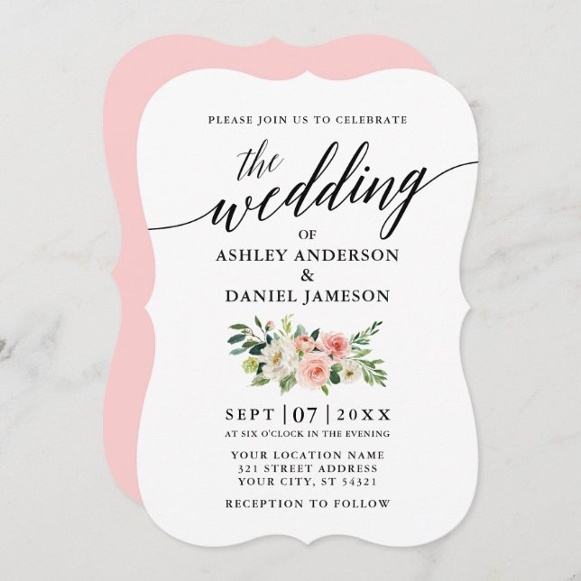 Elegant Calligraphy Pink White Floral Wedding Invitation (Front/Back)