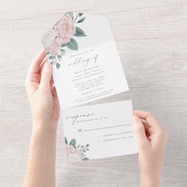 Elegant Calligraphy Pink & White Flowers Wedding All In One Invitation (Tearaway)
