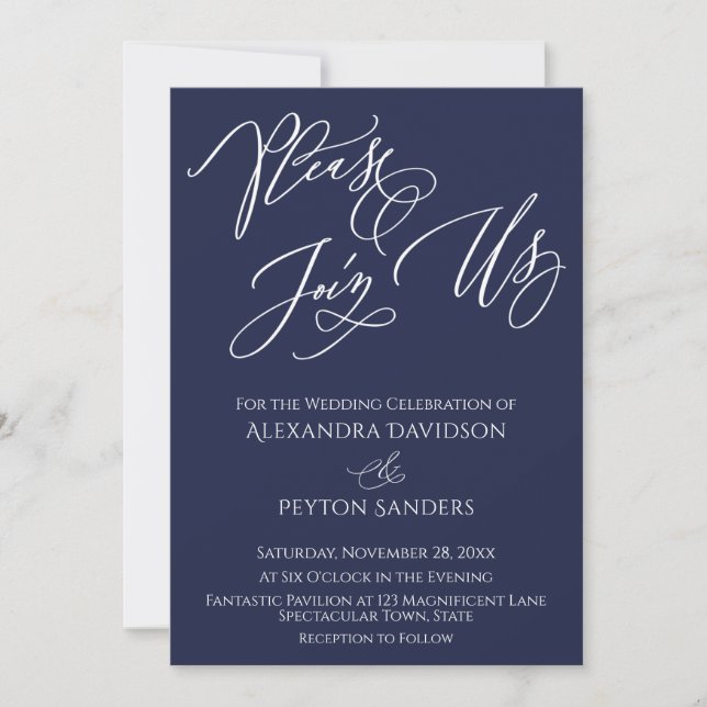 Elegant Calligraphy "Please Join Us" Navy Wedding Invitation (Front)