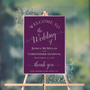 Elegant Calligraphy Plum & Silver Wedding Welcome Acrylic Sign