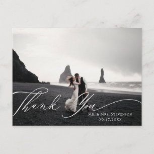 Elegant Calligraphy Plum Wedding Photo Thank You Postcard