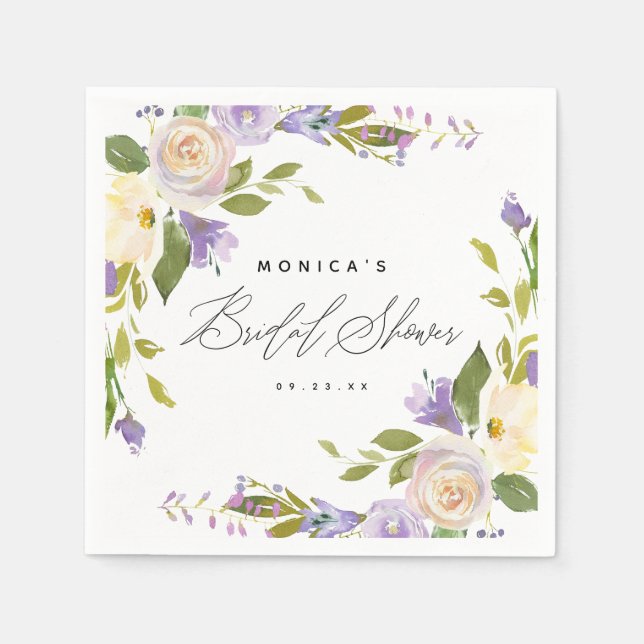Elegant Calligraphy Purple Floral Bridal Shower Napkin (Front)