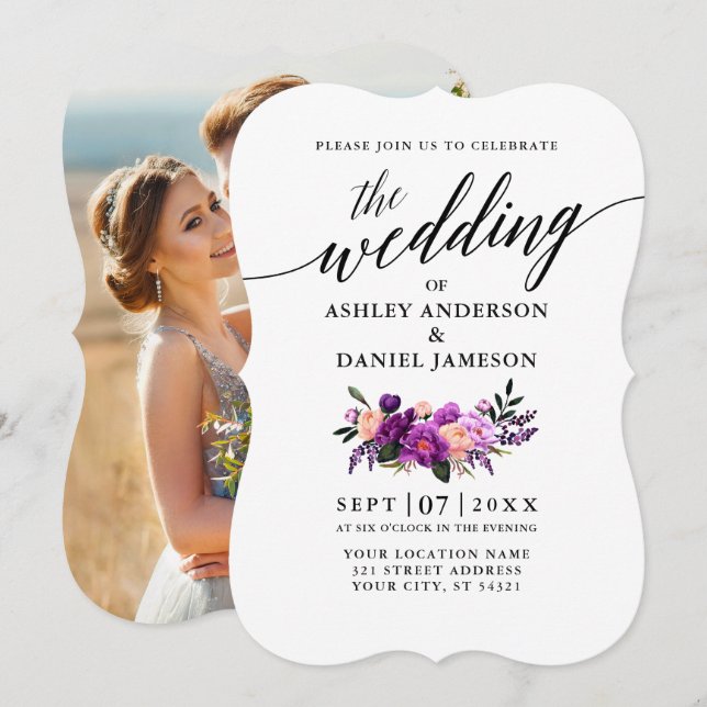 Elegant Calligraphy Purple Floral Photo Wedding Invitation (Front/Back)