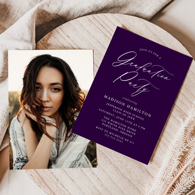 Elegant Calligraphy Purple Photo Graduation Party Invitation (Creator Uploaded)