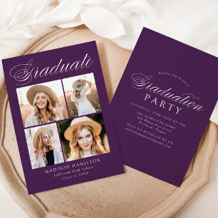 Elegant Calligraphy Purple Photo Graduation Party Invitation