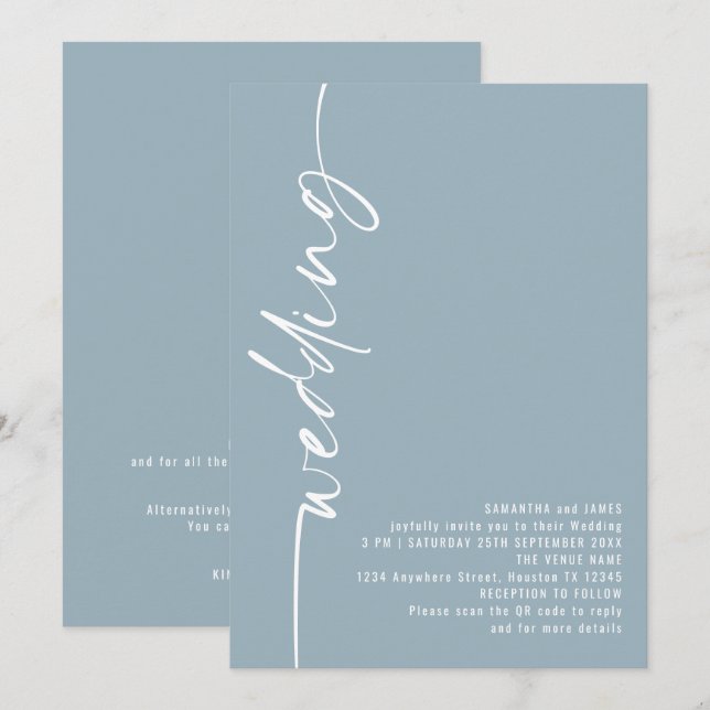 Elegant Calligraphy QR Code Dusty Blue Wedding  Invitation (Front/Back)