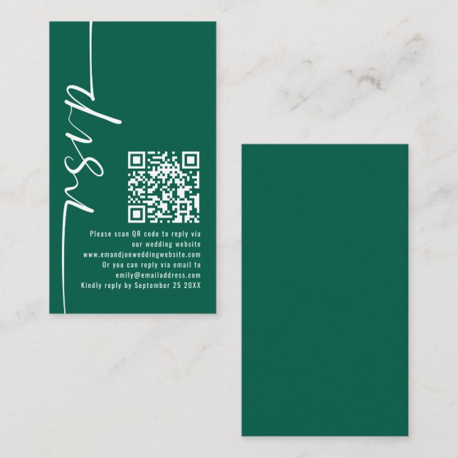 Elegant Calligraphy QR Code Emerald Wedding RSVP  Enclosure Card (Front/Back)