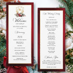 Elegant Calligraphy Red and Gold Wedding Programme<br><div class="desc">Timeless and elegant yet festive holiday-themed wedding program card featuring classic hand-drawn gold floral crest accented by a colourful spray of red and white Christmas flowers and evergreens. This custom formal template includes editable text fields as well as custom calligraphy text graphics and a gold textured border. The outside border...</div>