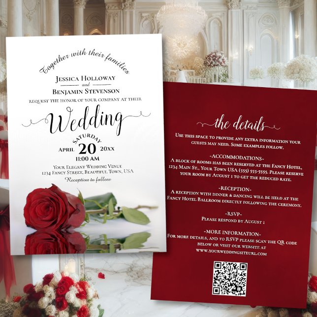 Elegant Calligraphy Red Rose QR Code Wedding Invitation (Front/Back with Rectangle Cut)