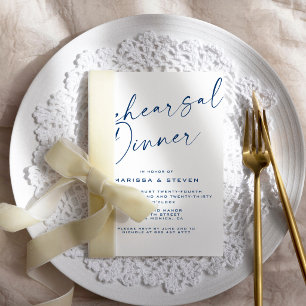 Elegant Calligraphy Rehearsal Dinner Navy Invitation