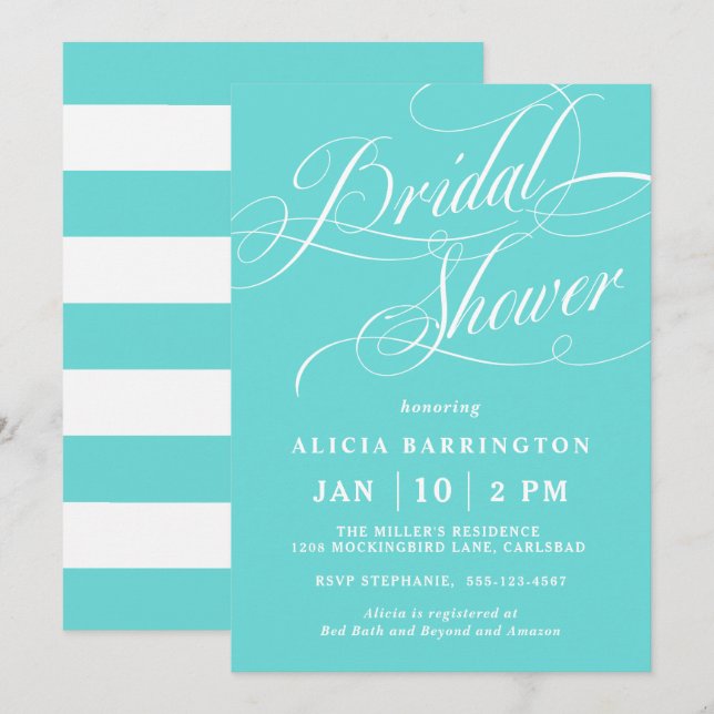 Elegant Calligraphy Robin Egg Blue Bridal Shower Invitation (Front/Back)