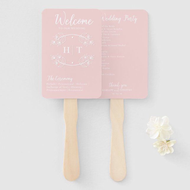 Elegant Calligraphy Romantic Pink Wedding Program Hand Fan (Front and Back)