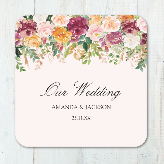 Elegant Calligraphy Rose Garden Floral Wedding Square Paper Coaster (In situ)