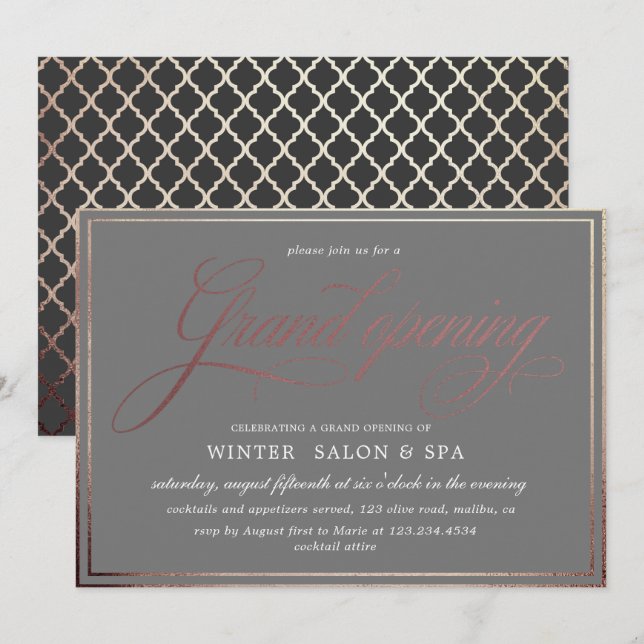 elegant calligraphy rose gold Grand Opening Invitation (Front/Back)