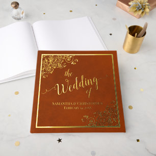 Elegant Calligraphy Rust Orange Gold Foil Wedding Guest Book