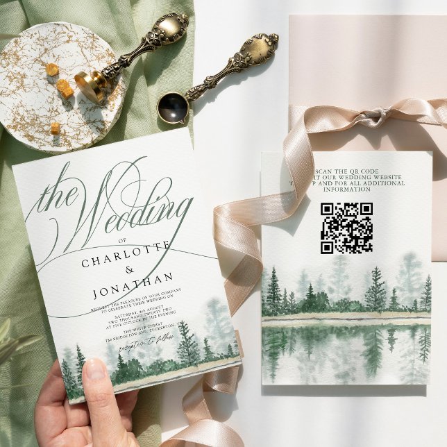 Elegant Calligraphy Rustic Forest QR Code Wedding Invitation (Creator Uploaded)