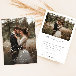 Elegant Calligraphy Rustic Photo Wedding Thank You Card