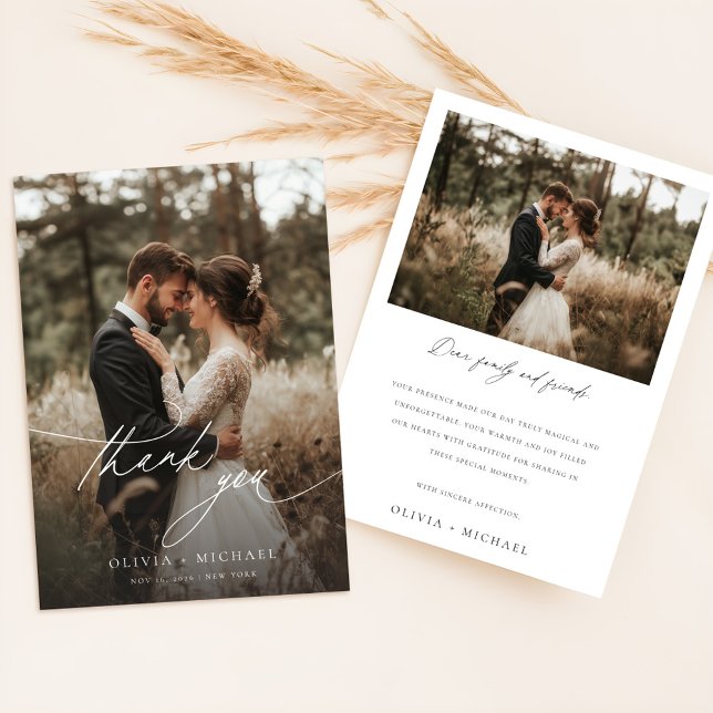 Elegant Calligraphy Rustic Photo Wedding Thank You Card (Creator Uploaded)