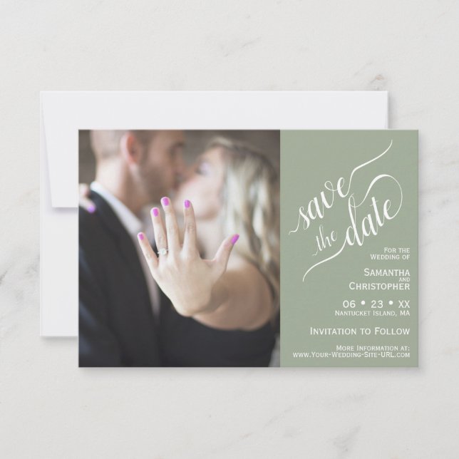 Elegant Calligraphy Sage 2 Pane Photo Wedding Save The Date (Front)