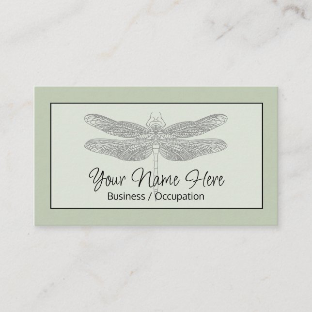 Elegant calligraphy sage green dragonfly business card (Front)