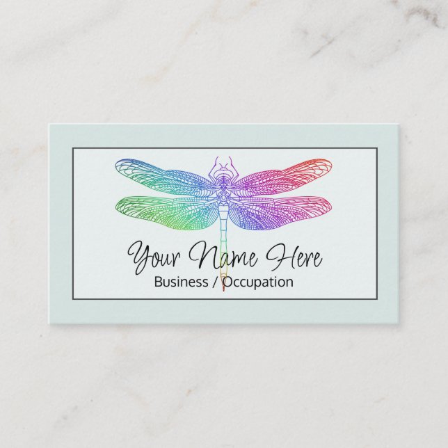 Elegant calligraphy sage green dragonfly business card (Front)