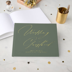Elegant Calligraphy Sage Green Gold Foil Wedding  Guest Book
