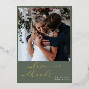 Elegant Calligraphy Sage Green Heart Photo Wedding Foil Holiday Card