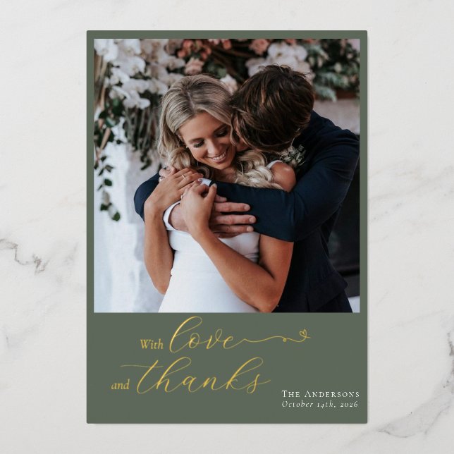 Elegant Calligraphy Sage Green Heart Photo Wedding Foil Holiday Card (Front)