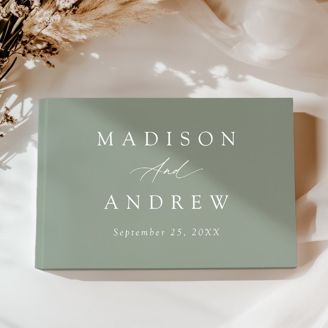 Elegant Calligraphy Sage Green Photo Wedding Guest Book (Creator Uploaded)