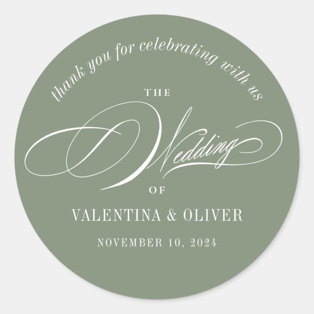 Elegant Calligraphy Sage Green Wedding Classic Round Sticker (Front)