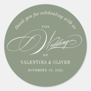 Elegant Calligraphy Sage Green Wedding Classic Round Sticker