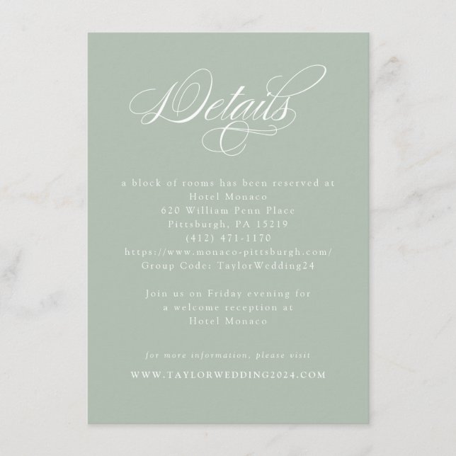 Elegant Calligraphy Sage Green Wedding Details Enclosure Card (Front)
