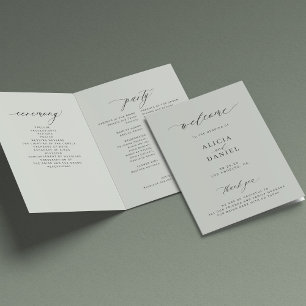 Elegant calligraphy sage green wedding party programme