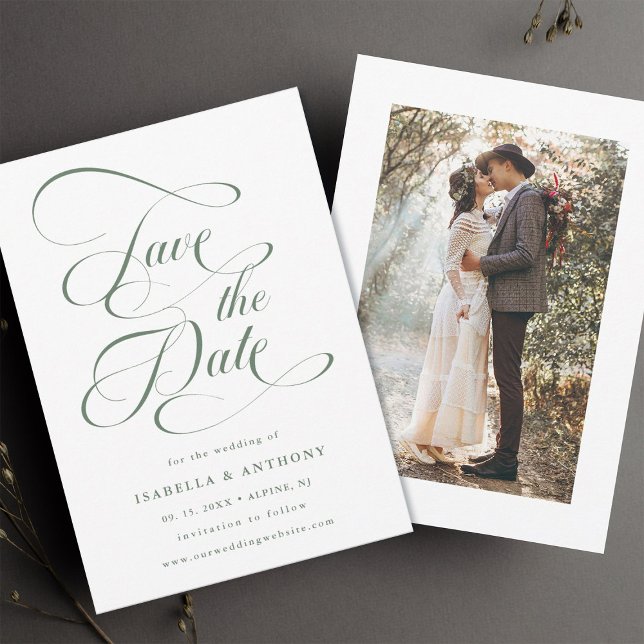 Elegant Calligraphy Sage Green Wedding Save The Date (Front & Back)