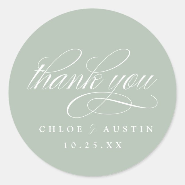 Elegant Calligraphy Sage Green Wedding Stickers (Front)