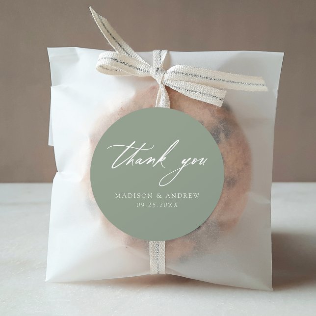 Elegant Calligraphy Sage Green Wedding Thank You Classic Round Sticker (Creator Uploaded)