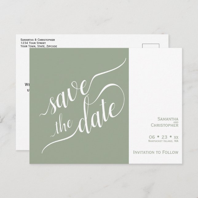 Elegant Calligraphy Sage Wedding Save the Date Announcement Postcard (Front/Back)