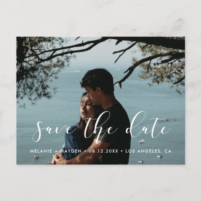 Elegant calligraphy Save the date photo Announcement Postcard (Front)