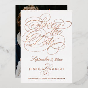 Elegant Calligraphy Save the Date Photo Rose Gold