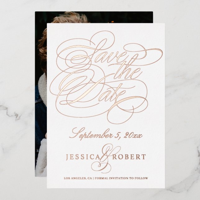 Elegant Calligraphy Save the Date Photo Rose Gold (Front/Back)